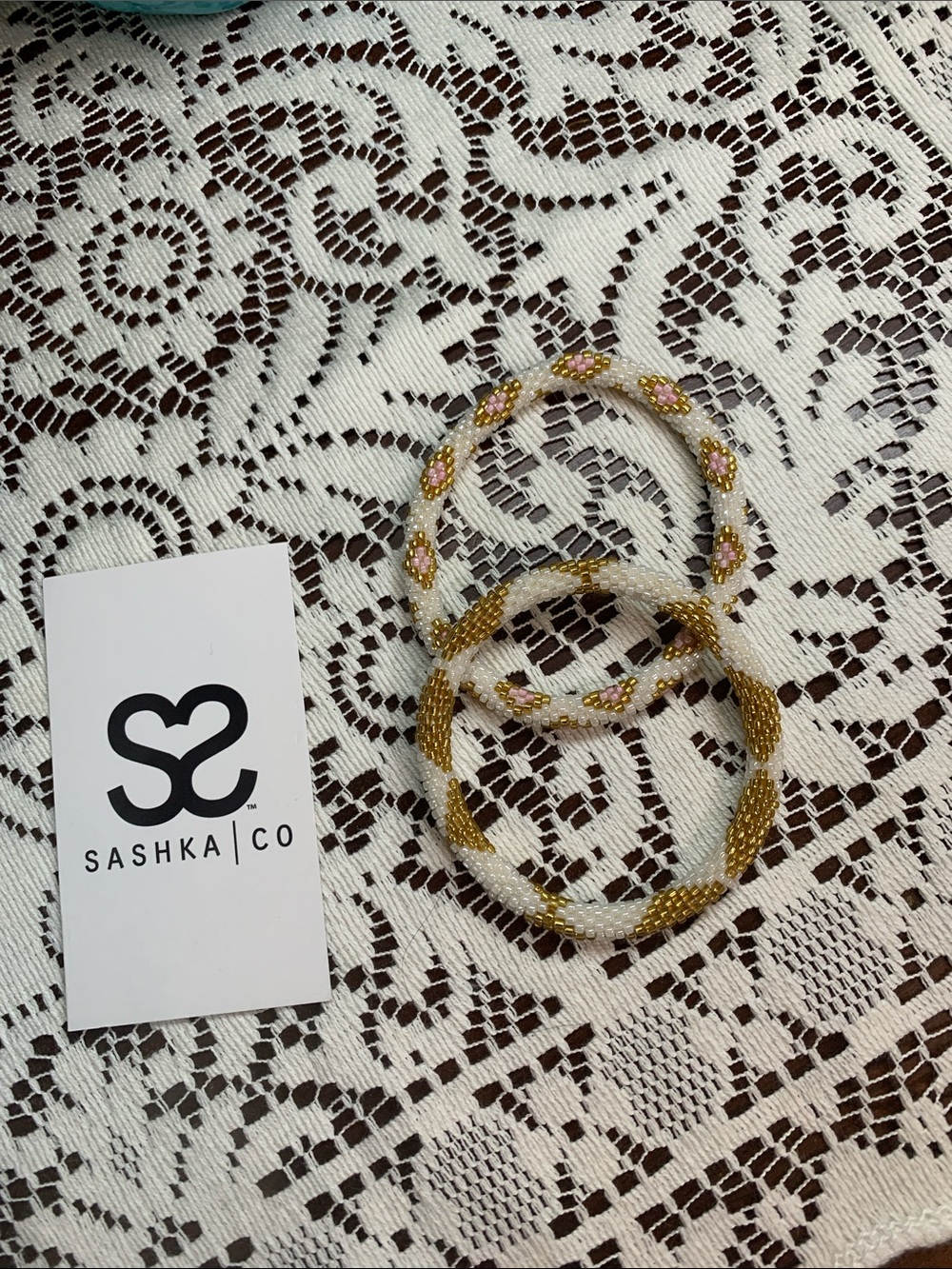 Handcrafted Seed Bead Bracelet set in White/Gold & White/Gold/Pink